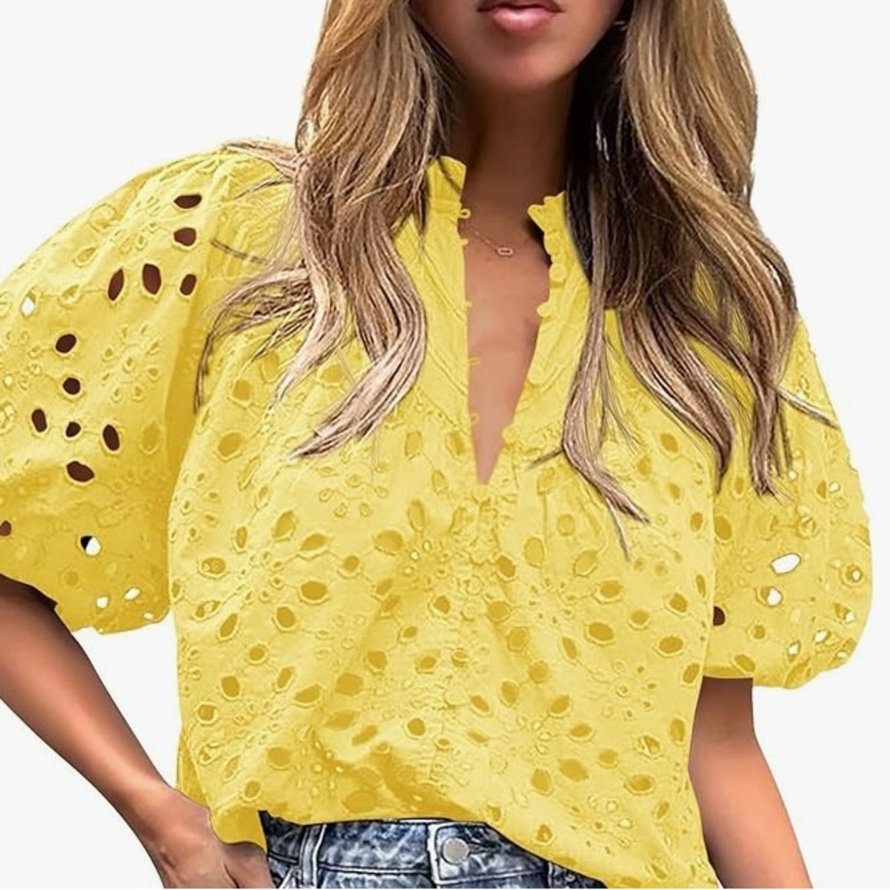 Yellow Eyelet Puff Sleeve Top from Pretty Garden Size Medium
